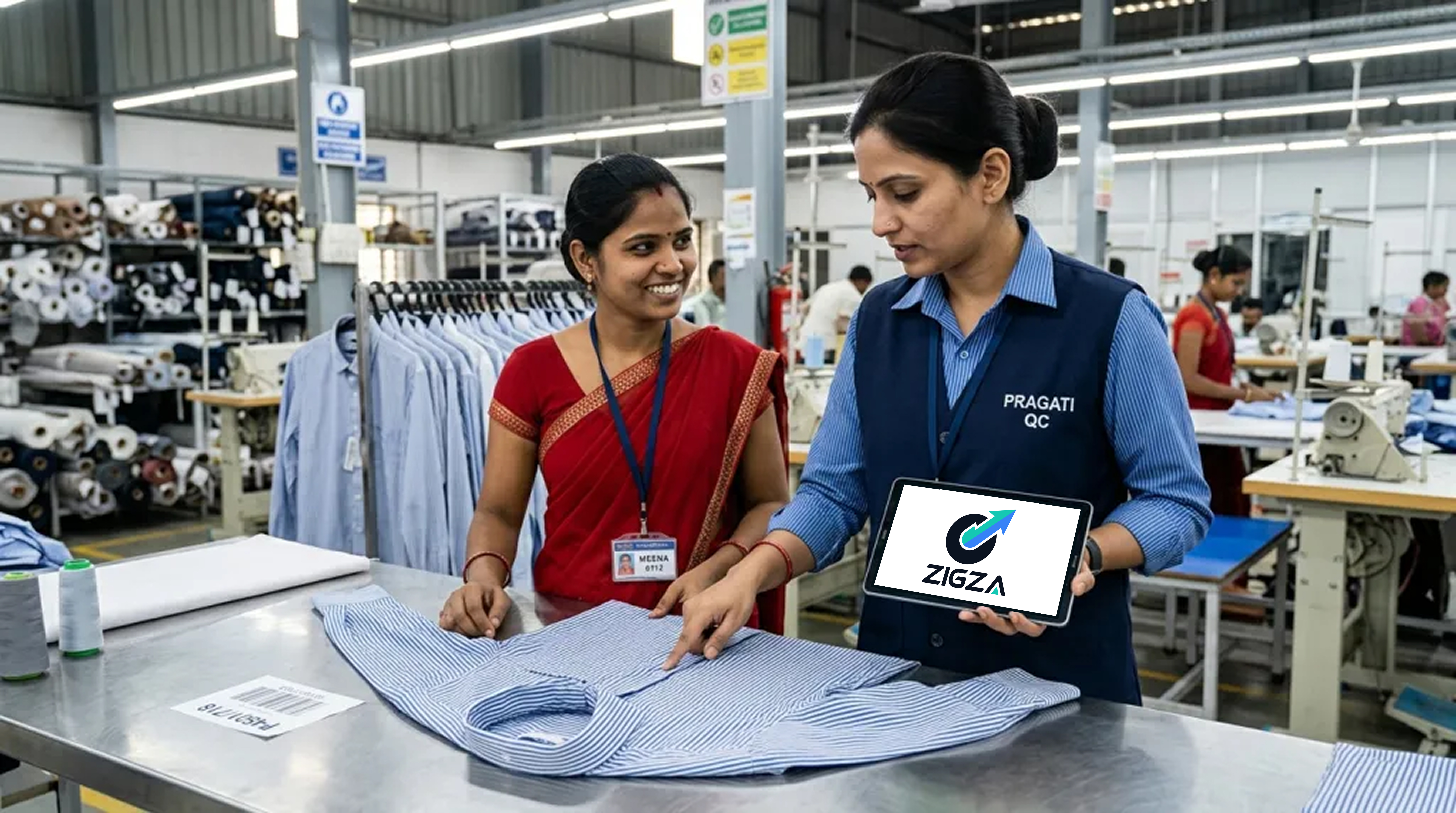 Apparel quality supervisor using digital tablet on the garment assembly floor